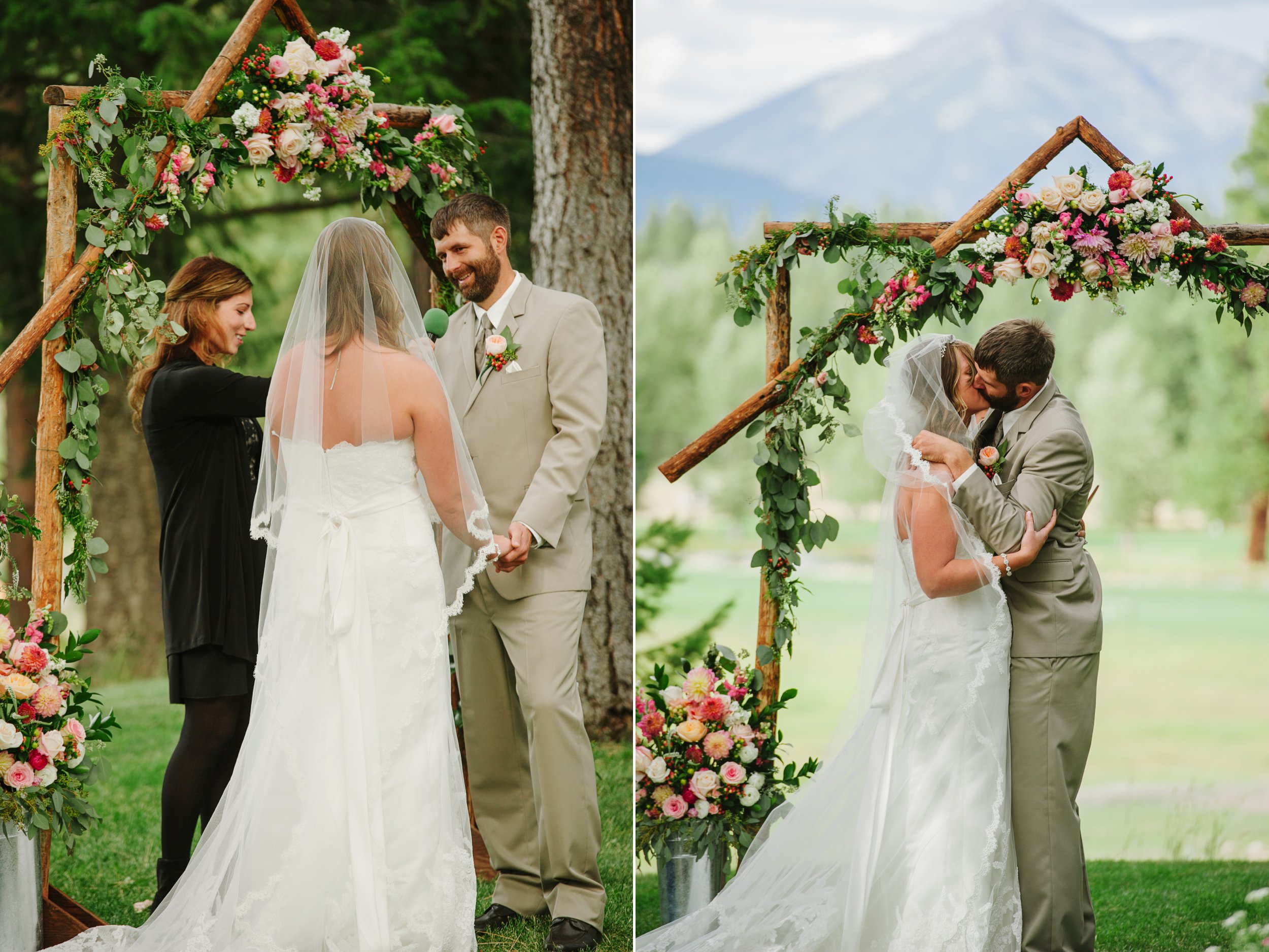 Double Arrow Resort Seeley Lake MT Wedding Photos Ceremony Kiss