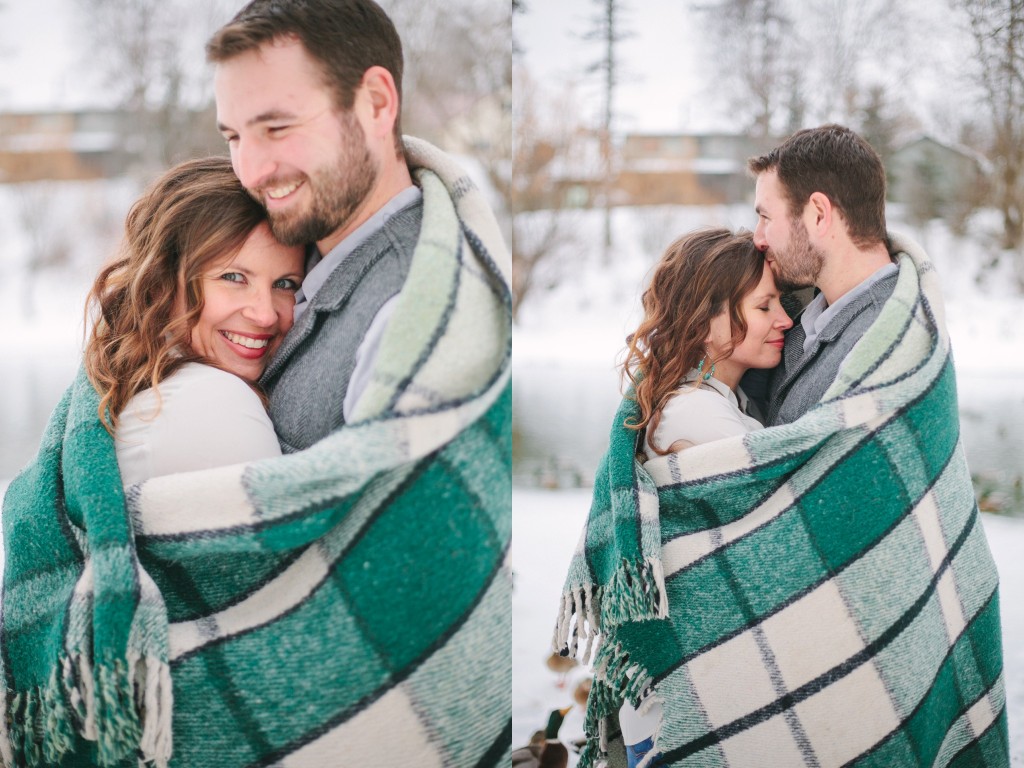 Whitefish MT Engagement Photos Couple Hugging with Blanket