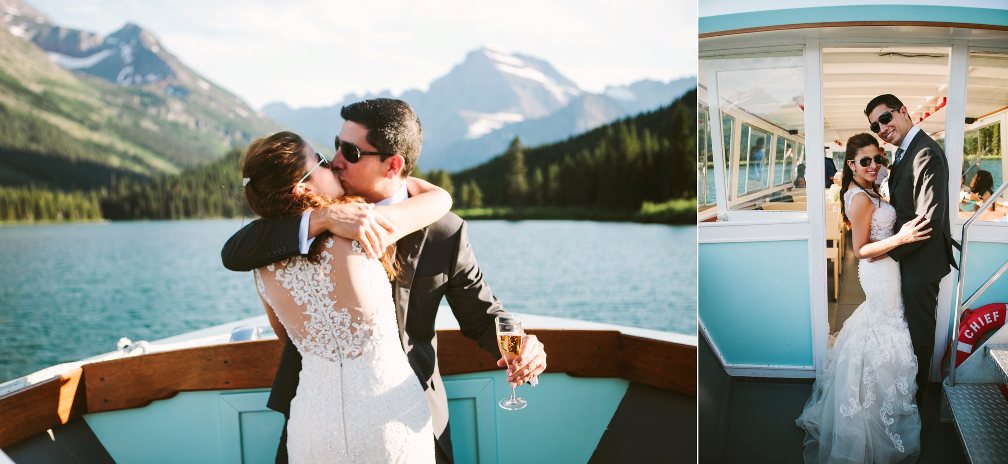 Glacier National Park Many Glacier Wedding Couple Kissing on Boat