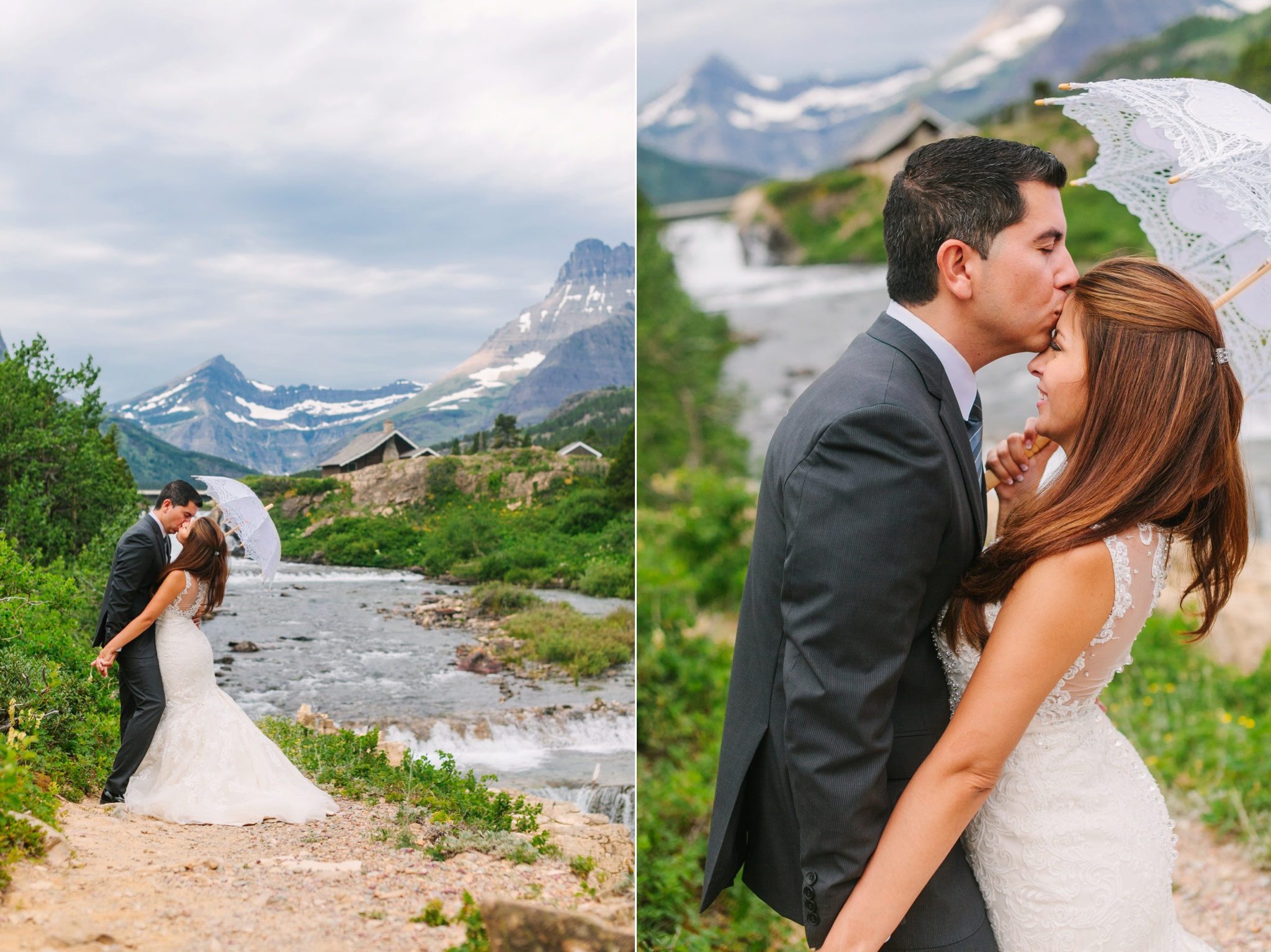 Glacier National Park Many Glacier Wedding Couple Kissing 