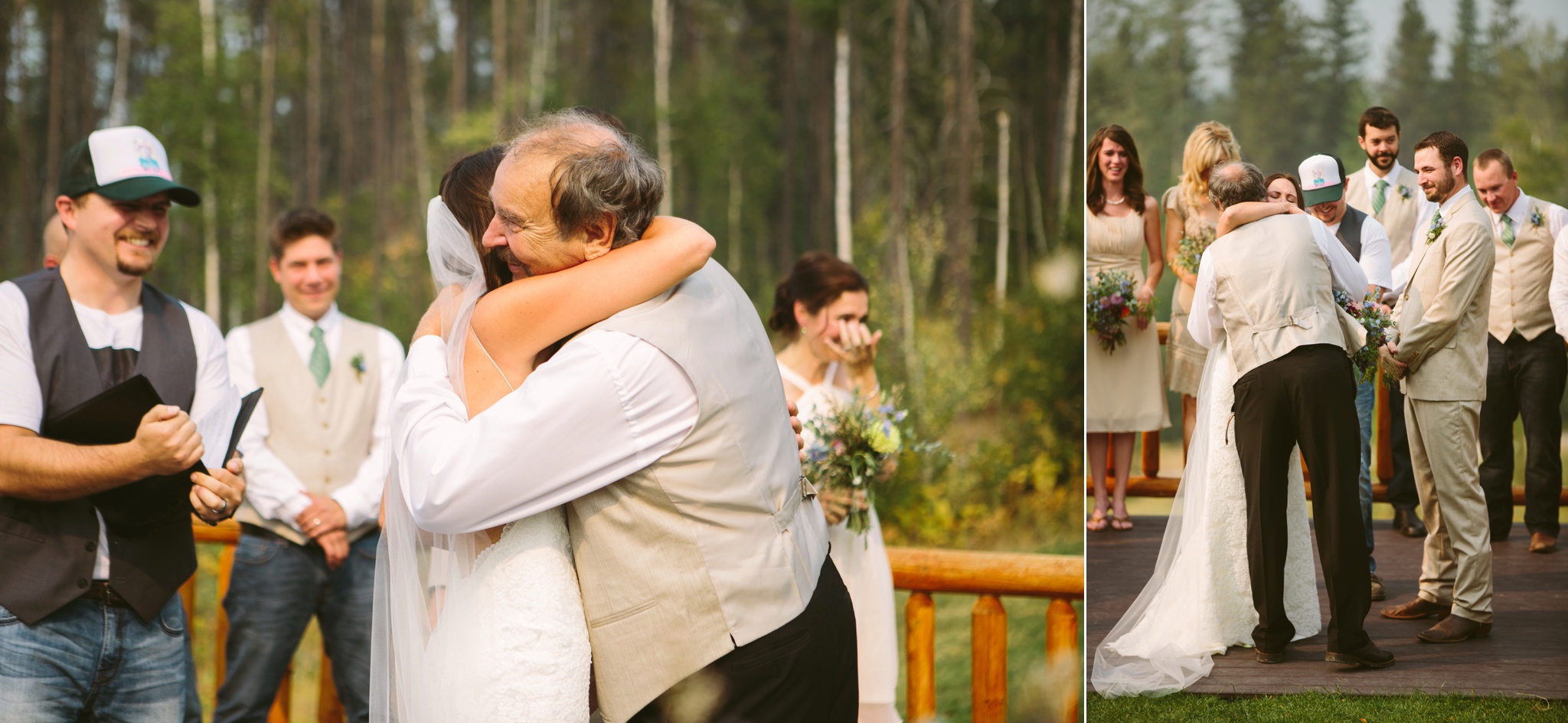 West Glacier National Park Outdoor Raft Center Wedding Ceremony Dad Hugging Bride