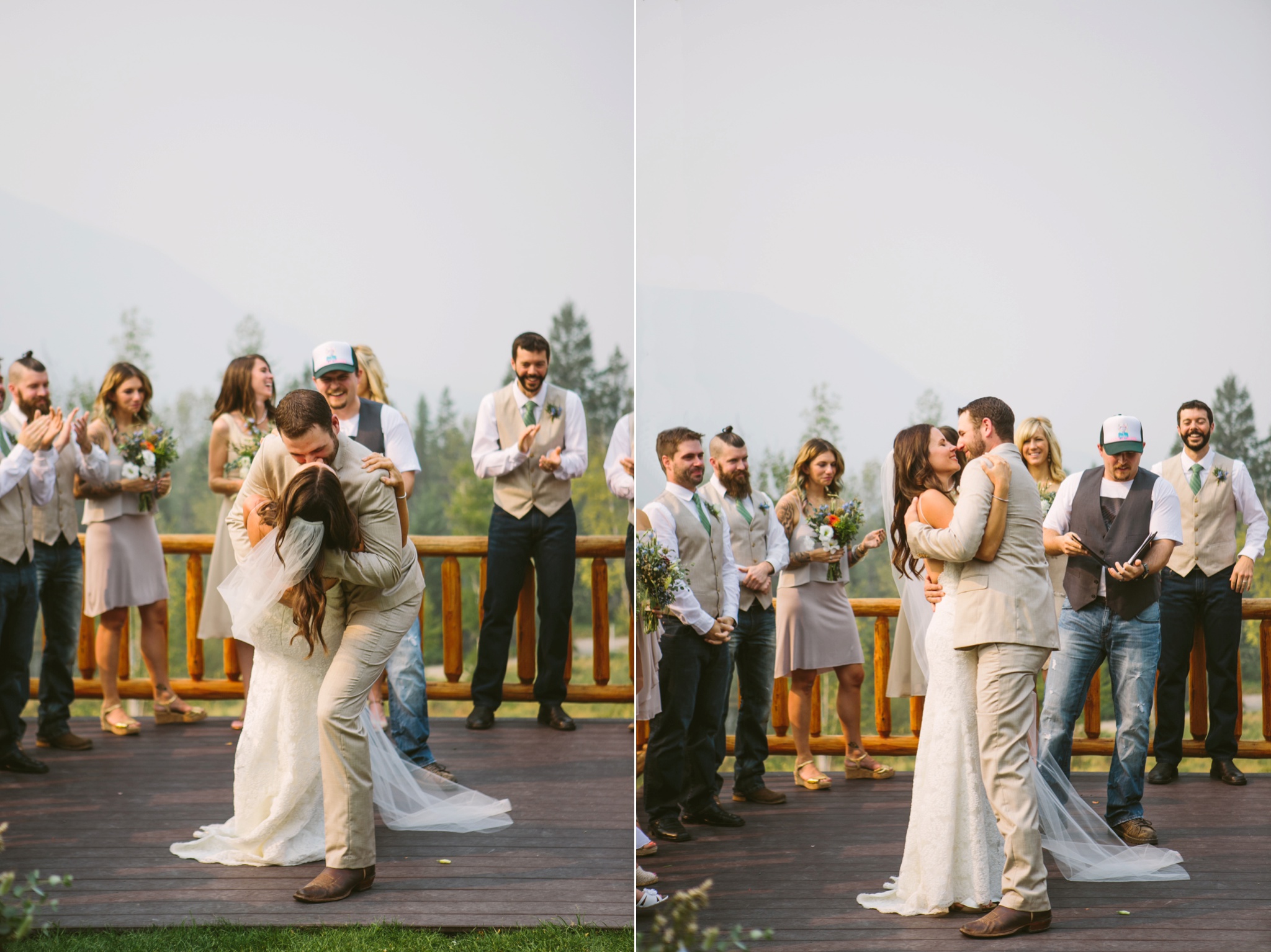West Glacier National Park Outdoor Raft Center Wedding Ceremony Kiss