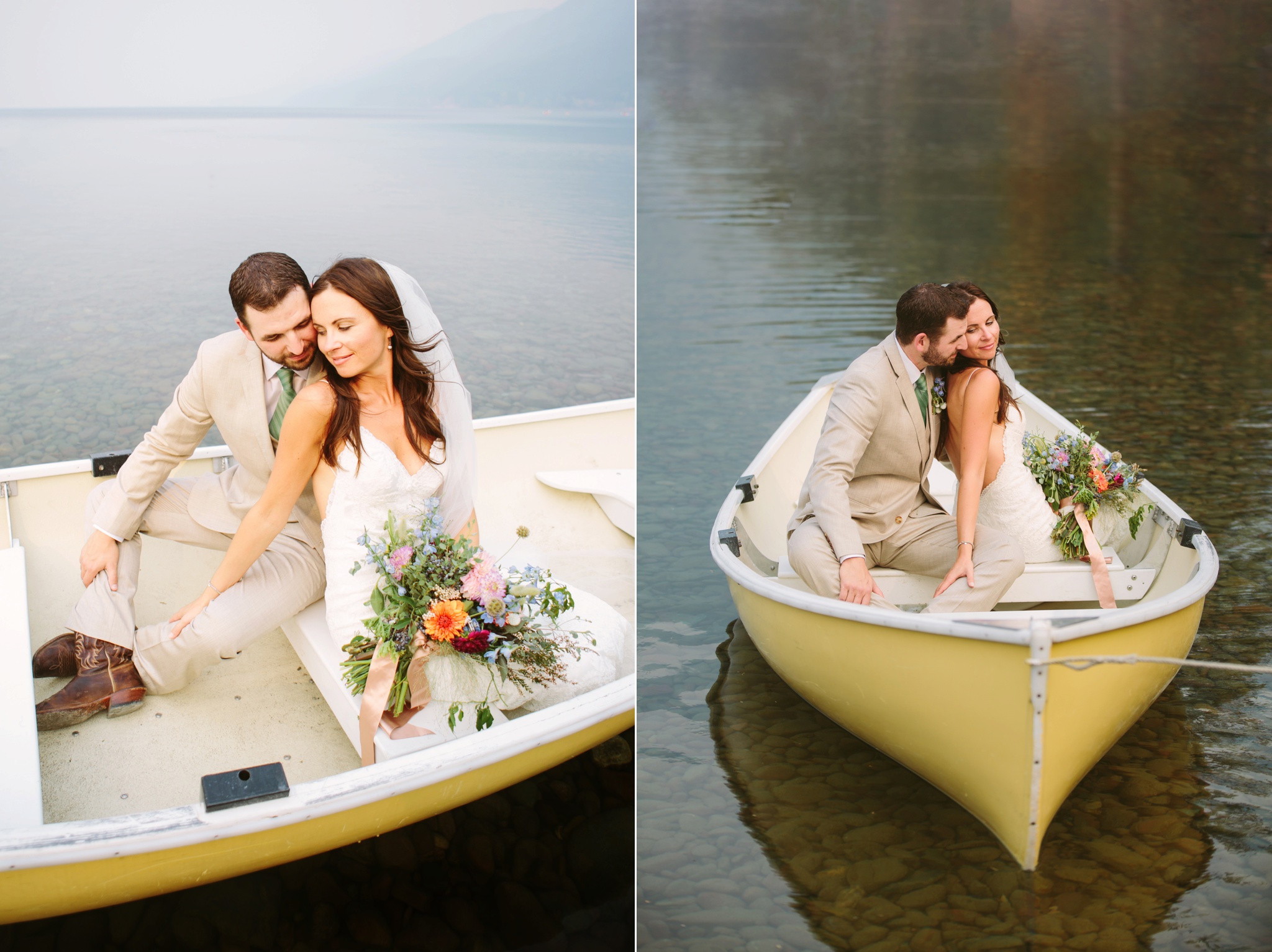 Glacier National Park Wildfire Wedding Couple in Boat on Lake McDonald