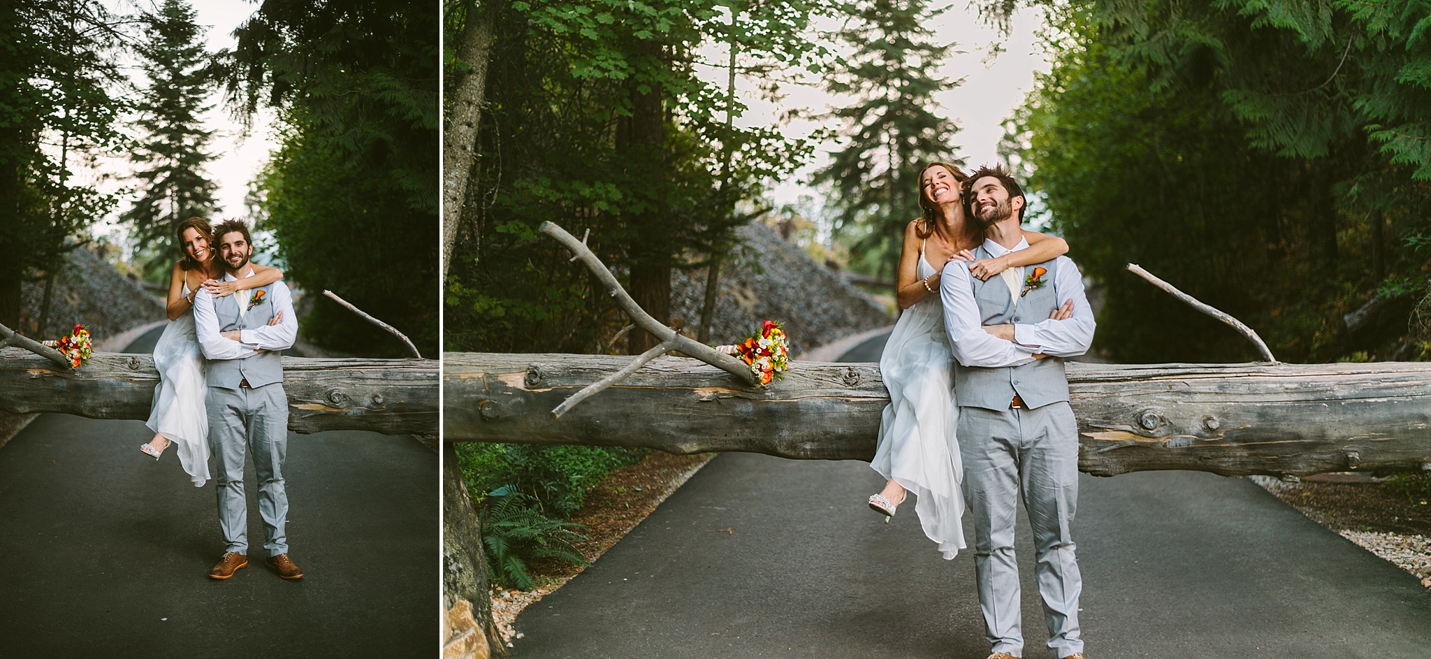 Sandpoint Idaho golf course wedding photo couple laughing in the woods