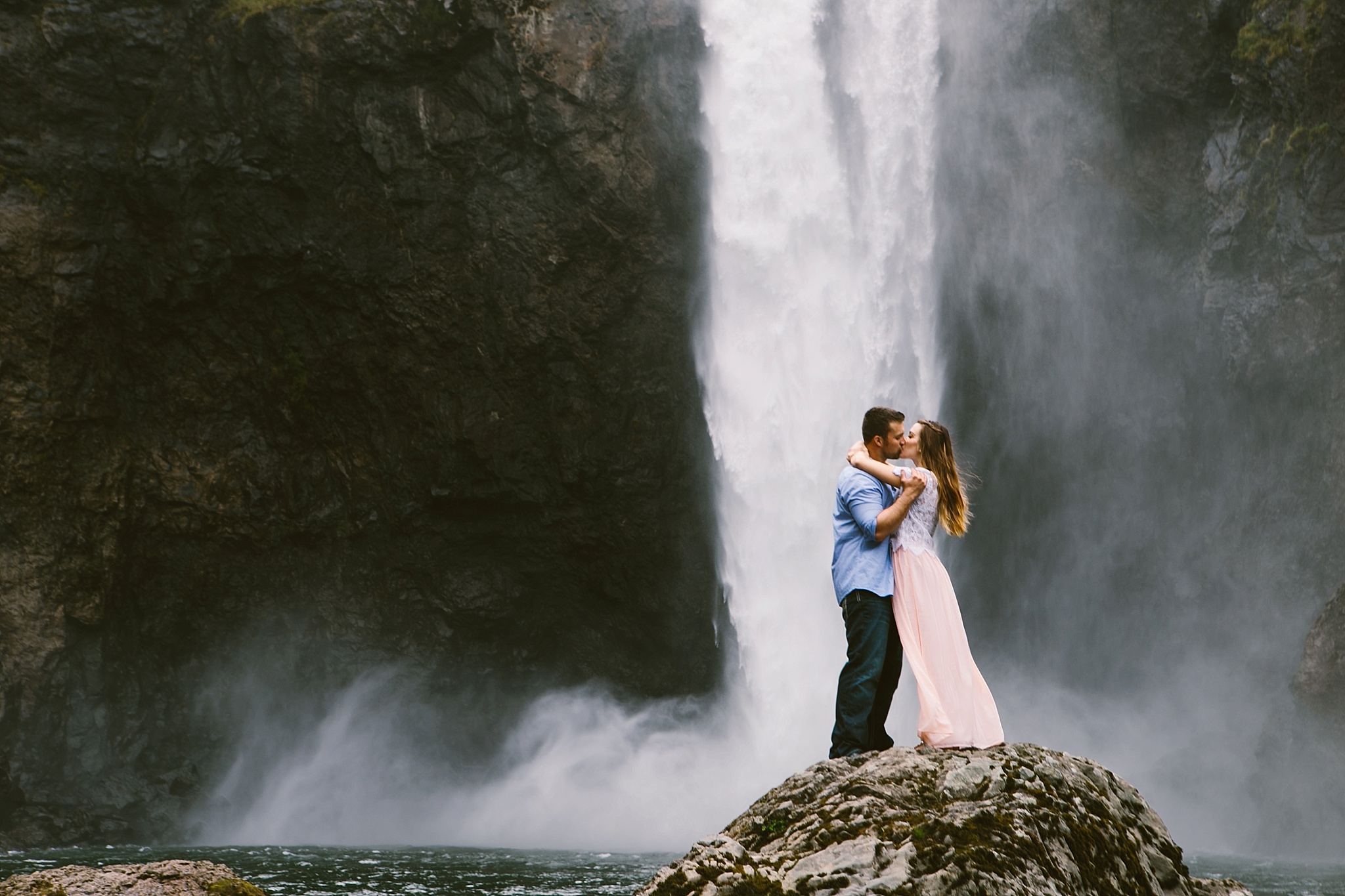 Snoqualmie Falls Seattle WA Engagement Photos Couple Kissing