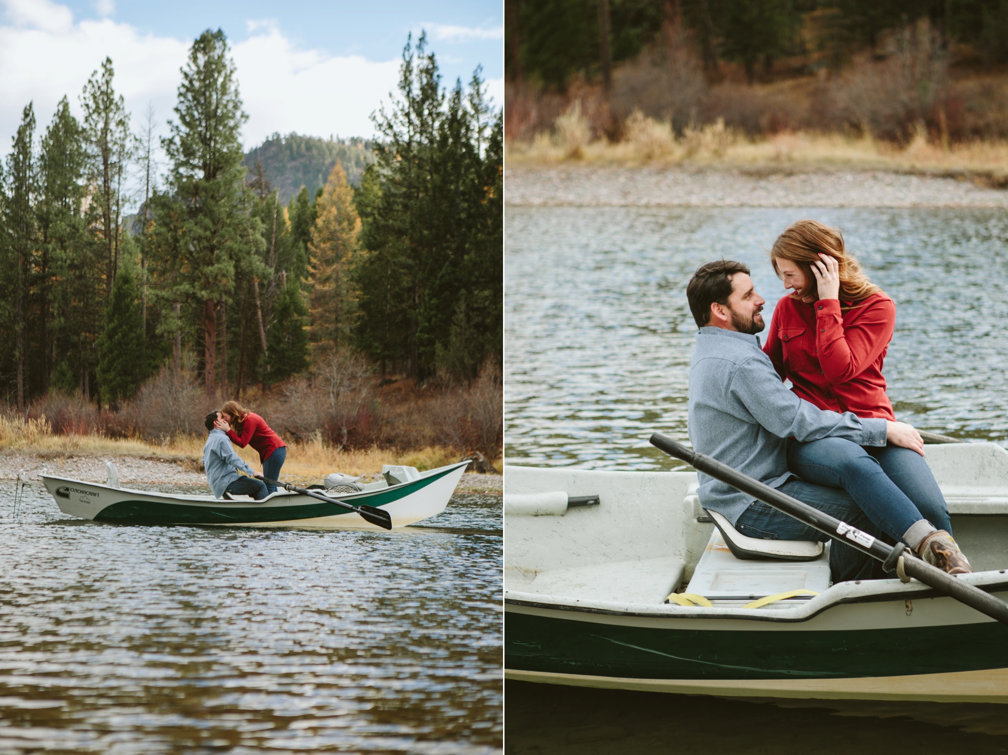 Missoula MT Forest Engagement Photos Couple in Boat on River