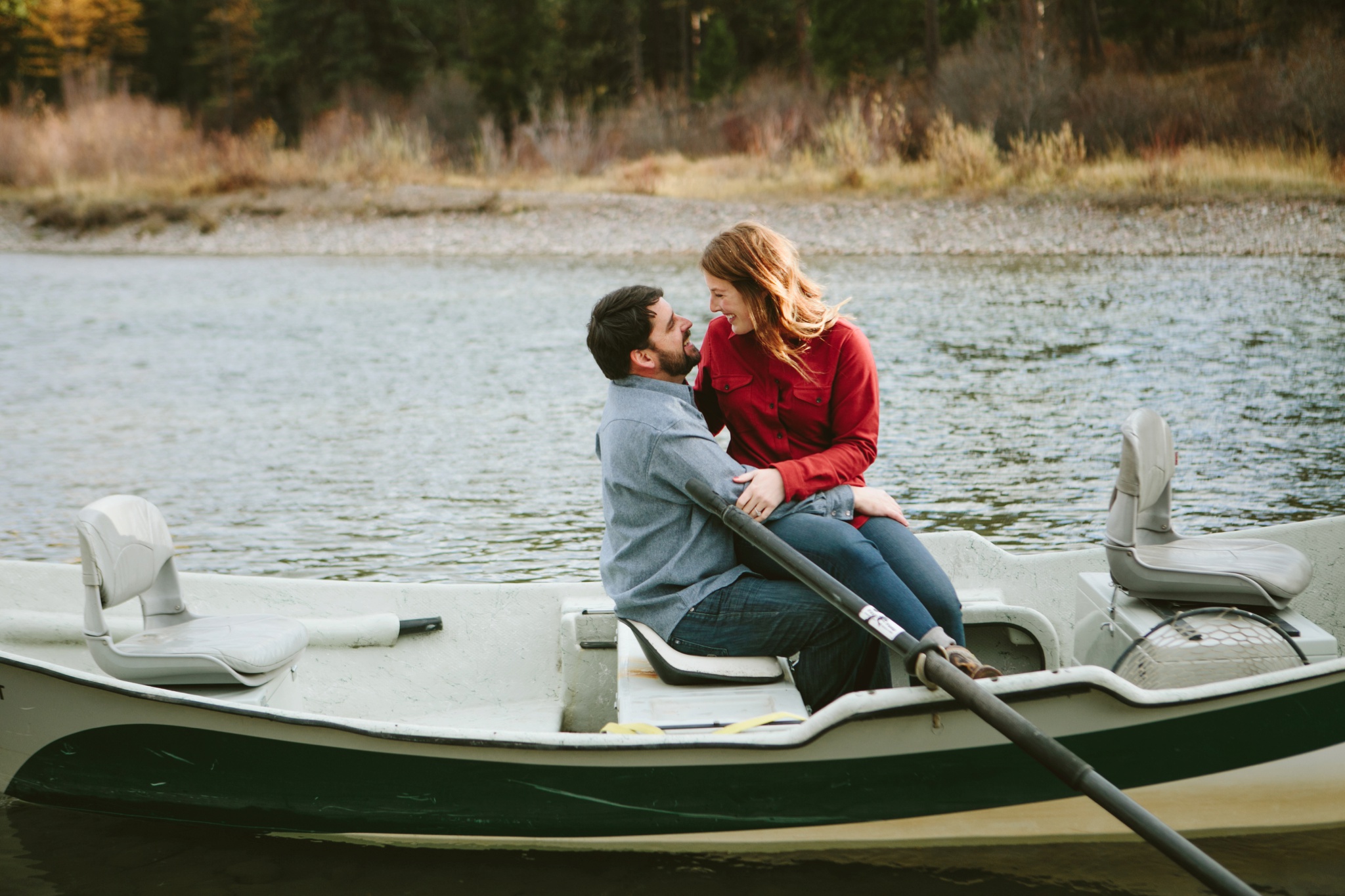 Missoula MT Forest Engagement Photos Couple in Boat on the River