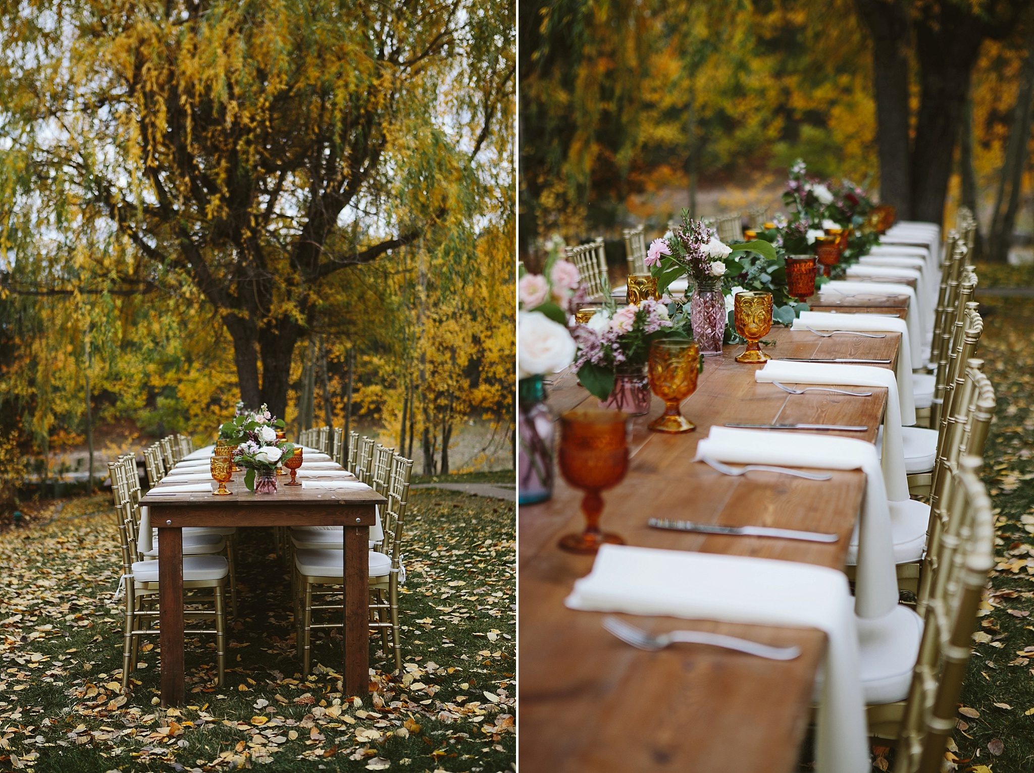 Glacier National Park Rustic Farmhouse Table with Amber Glasses and Gold Chivari Chairs