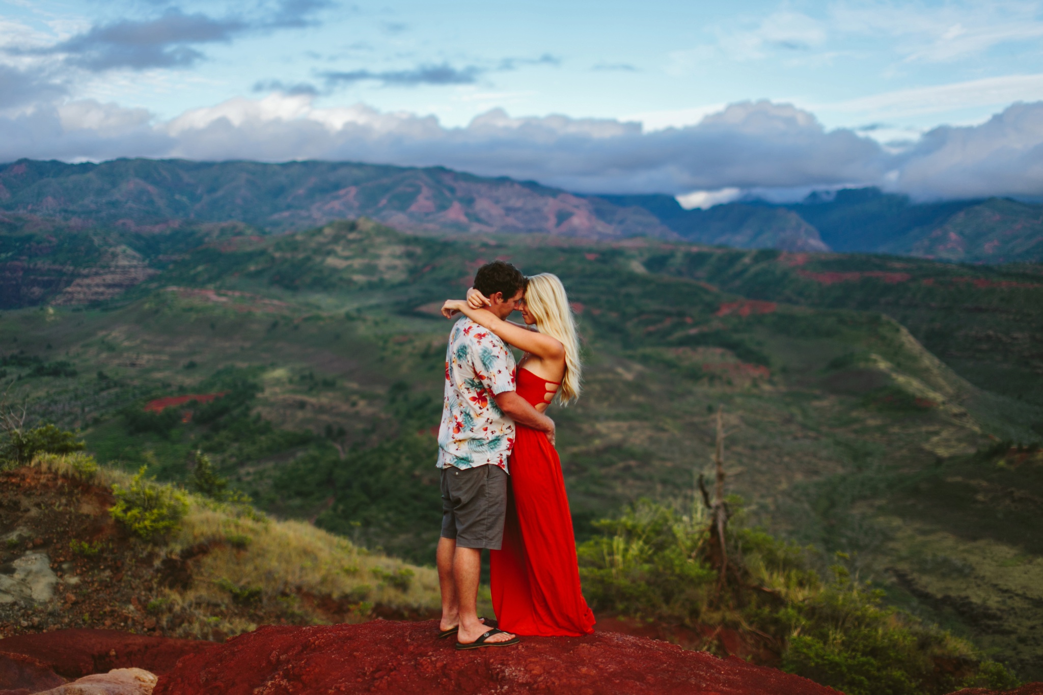 Kauai HI Waimea Canyon Engagement Photos Couple Hugging