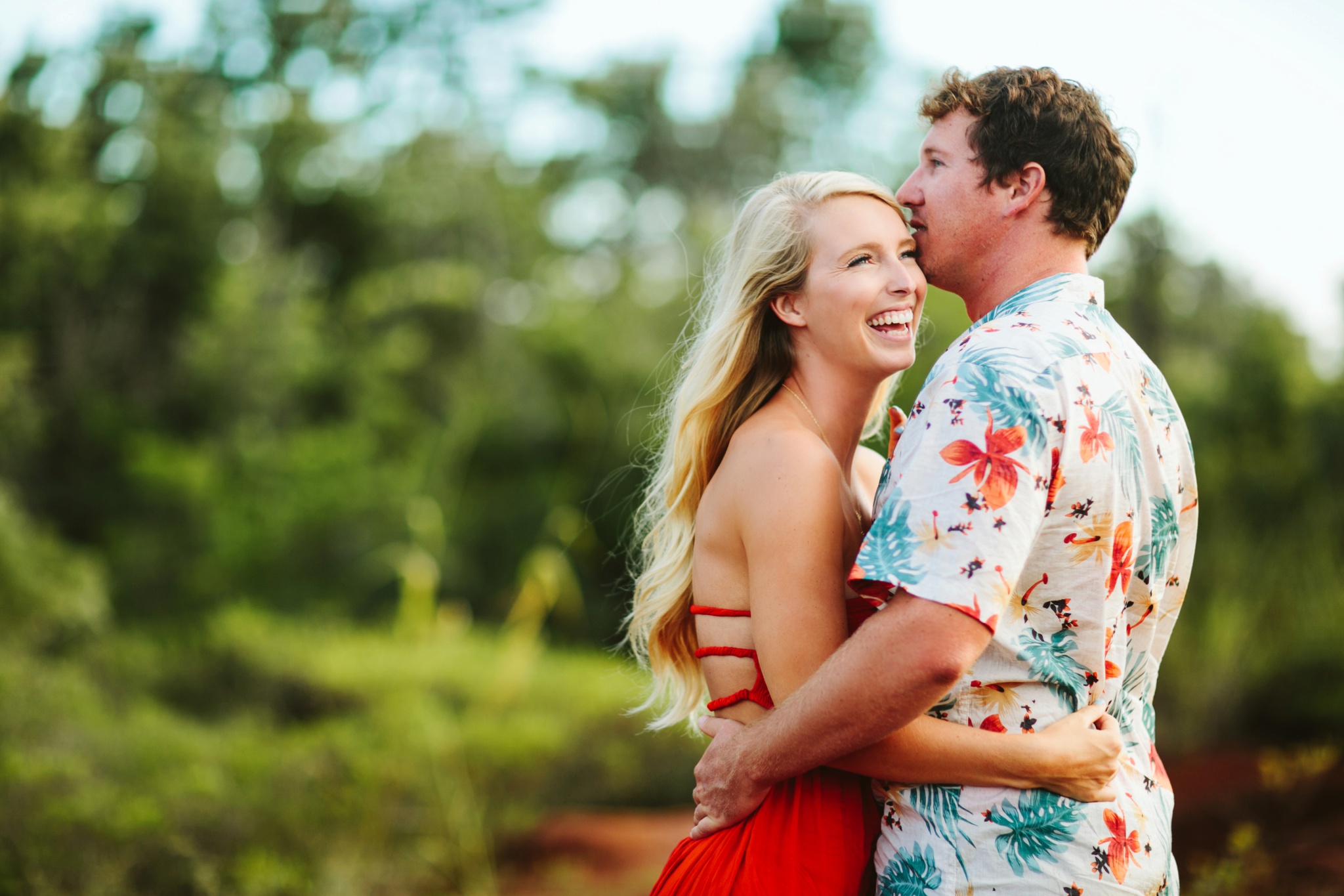 Kauai HI Waimea Canyon Engagement Photos Couple Lauging