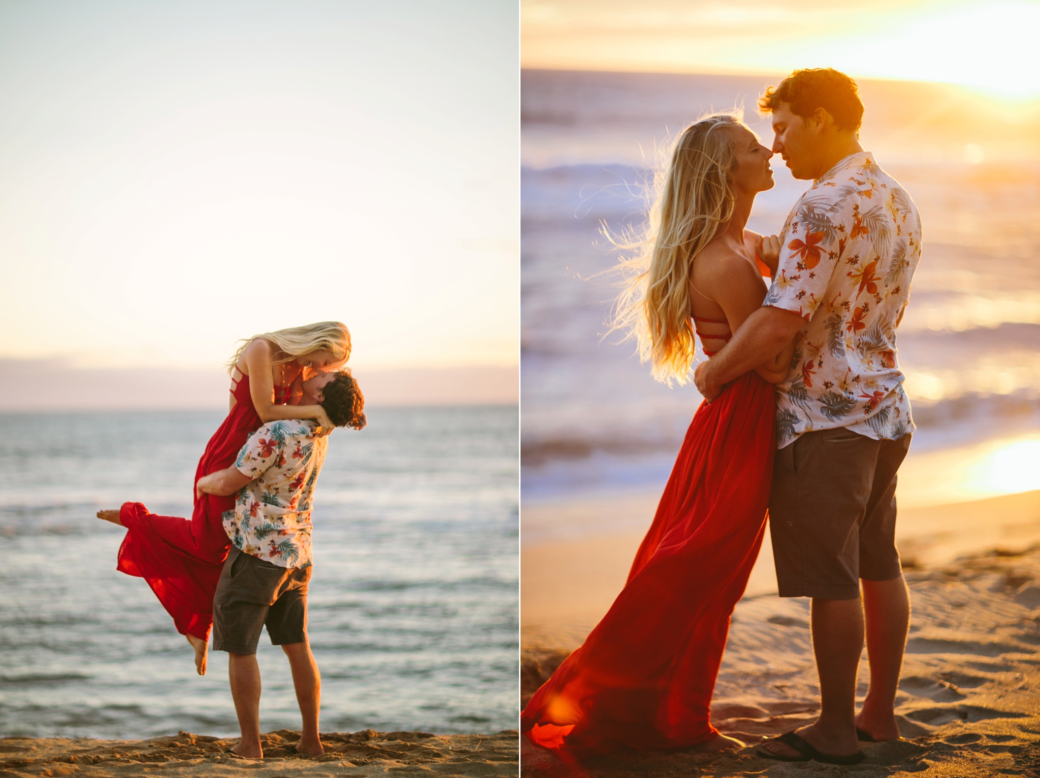 Kauai HI Beach Engagement Photos Couple Embracing at Sunset