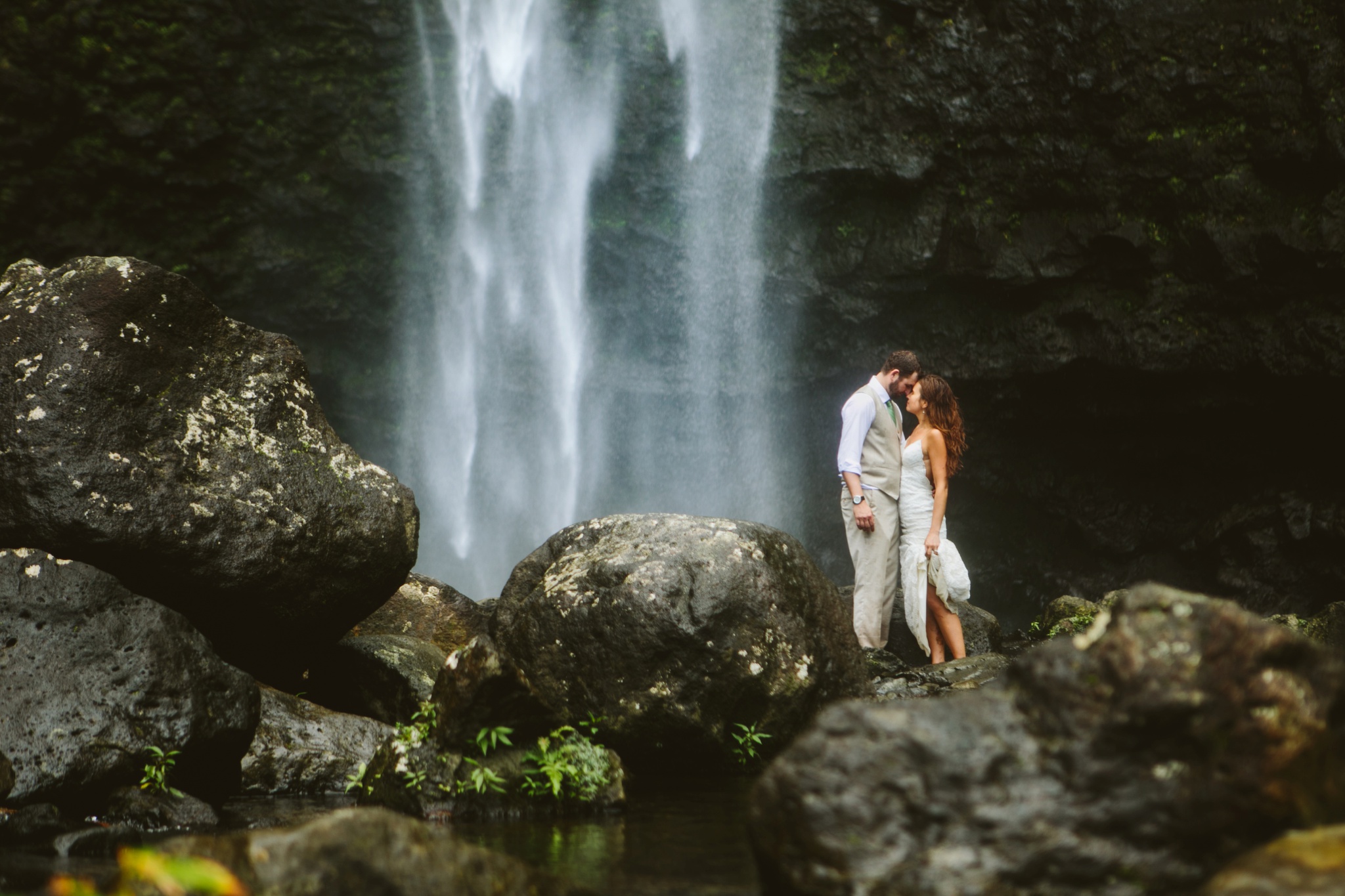 Kauai HI Hanakapiai Falls Elopement Couple Hugging