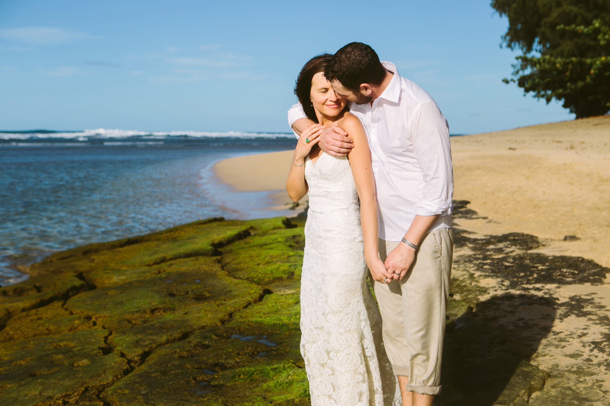 Kauai HI Ke'e Beach Elopement Couple Hugging