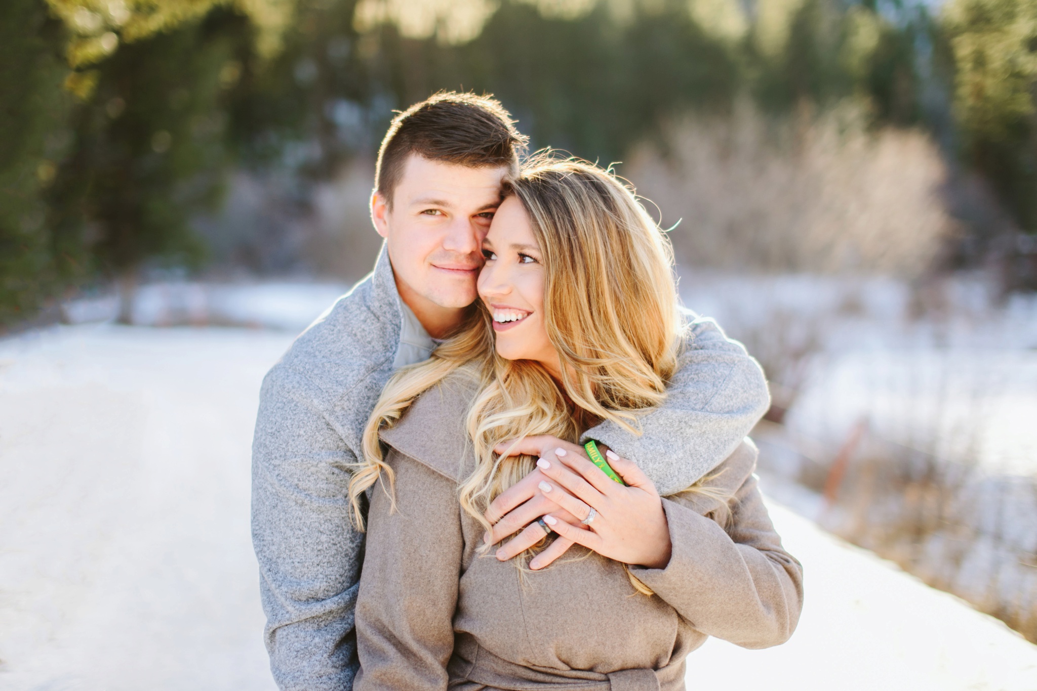 Missoula MT Winter Wonderland Engagement Photos Couple Hugging