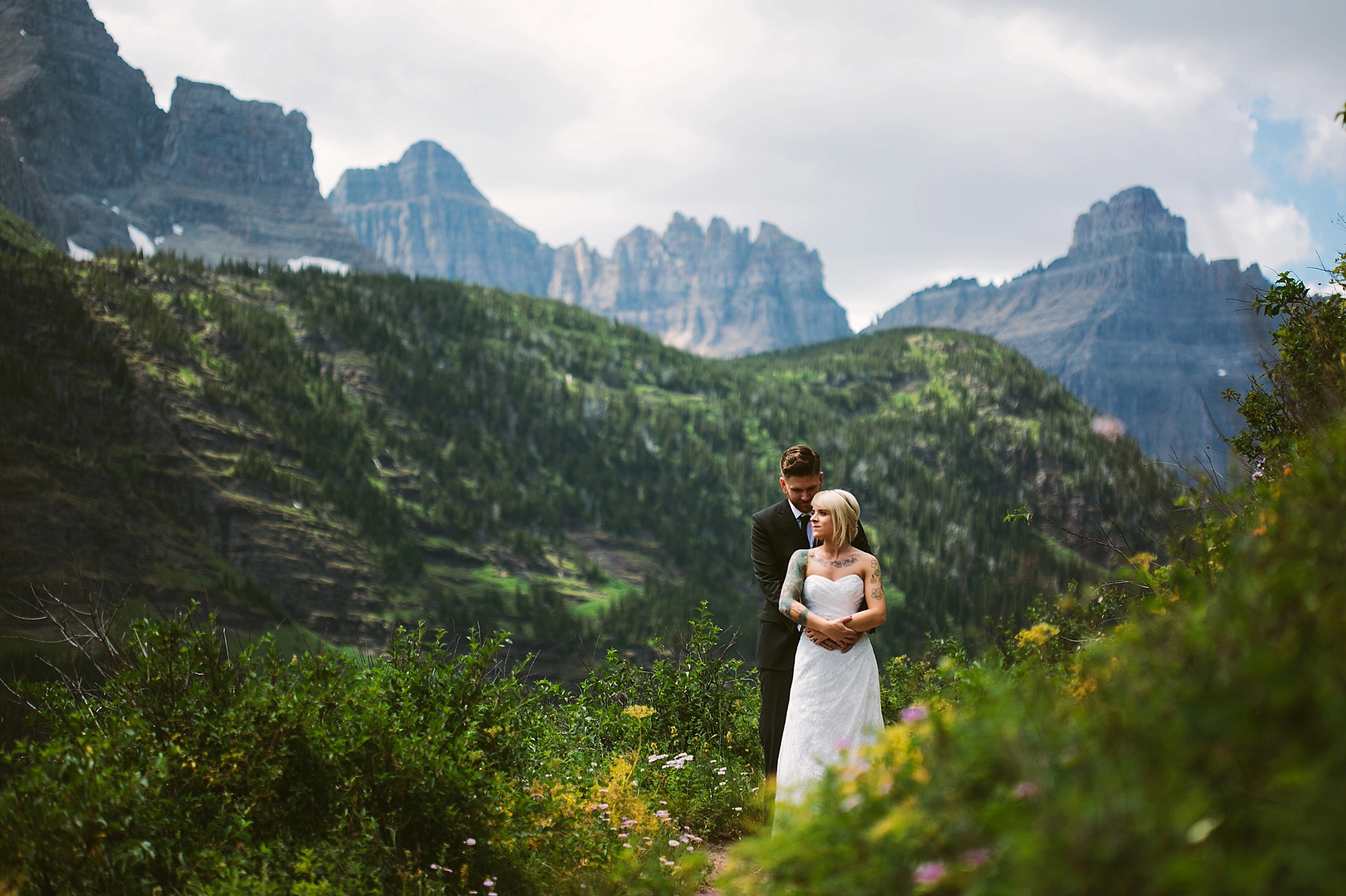 Glacier National Park Elopement Photos Bride and Groom on Iceberg Lake Trail