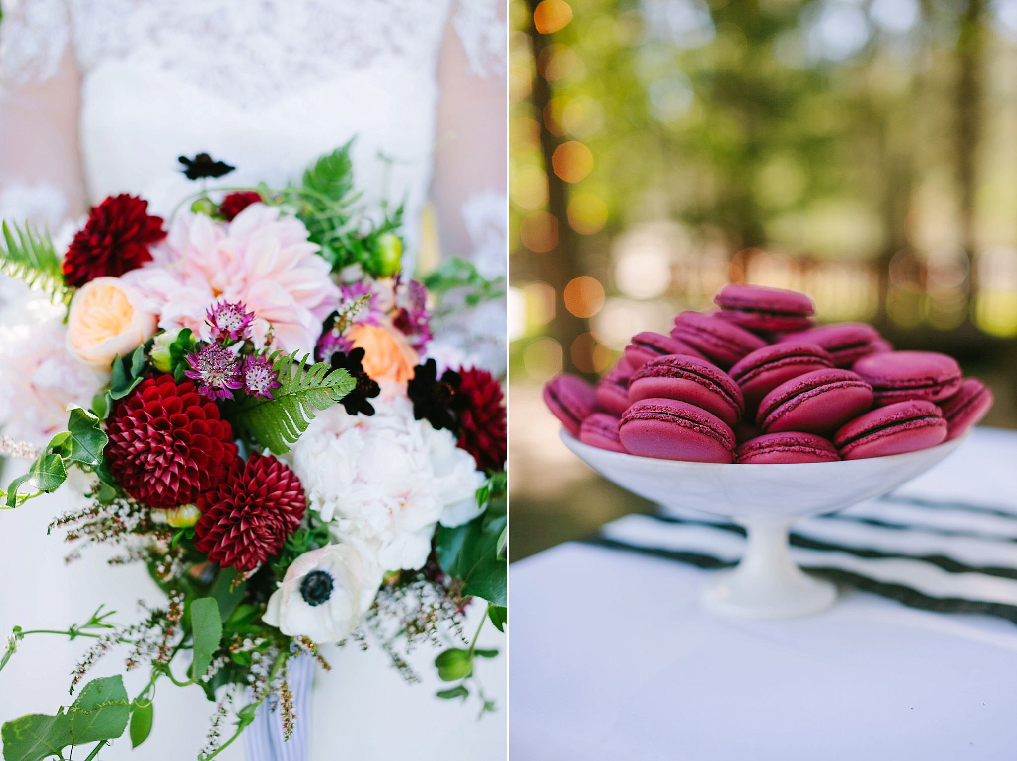 Missoula MT Backyard Wedding Photos Details Macarons and Pink Red White Bouquet