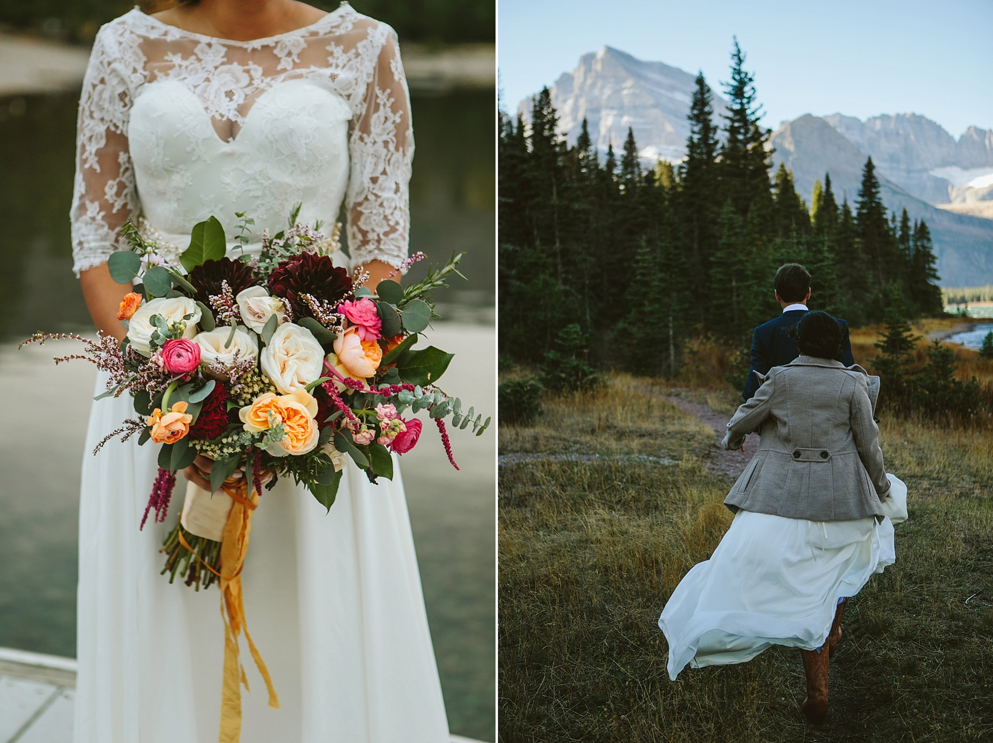 Glacier National Park Wedding Photos Details and Bride and Groom Hiking