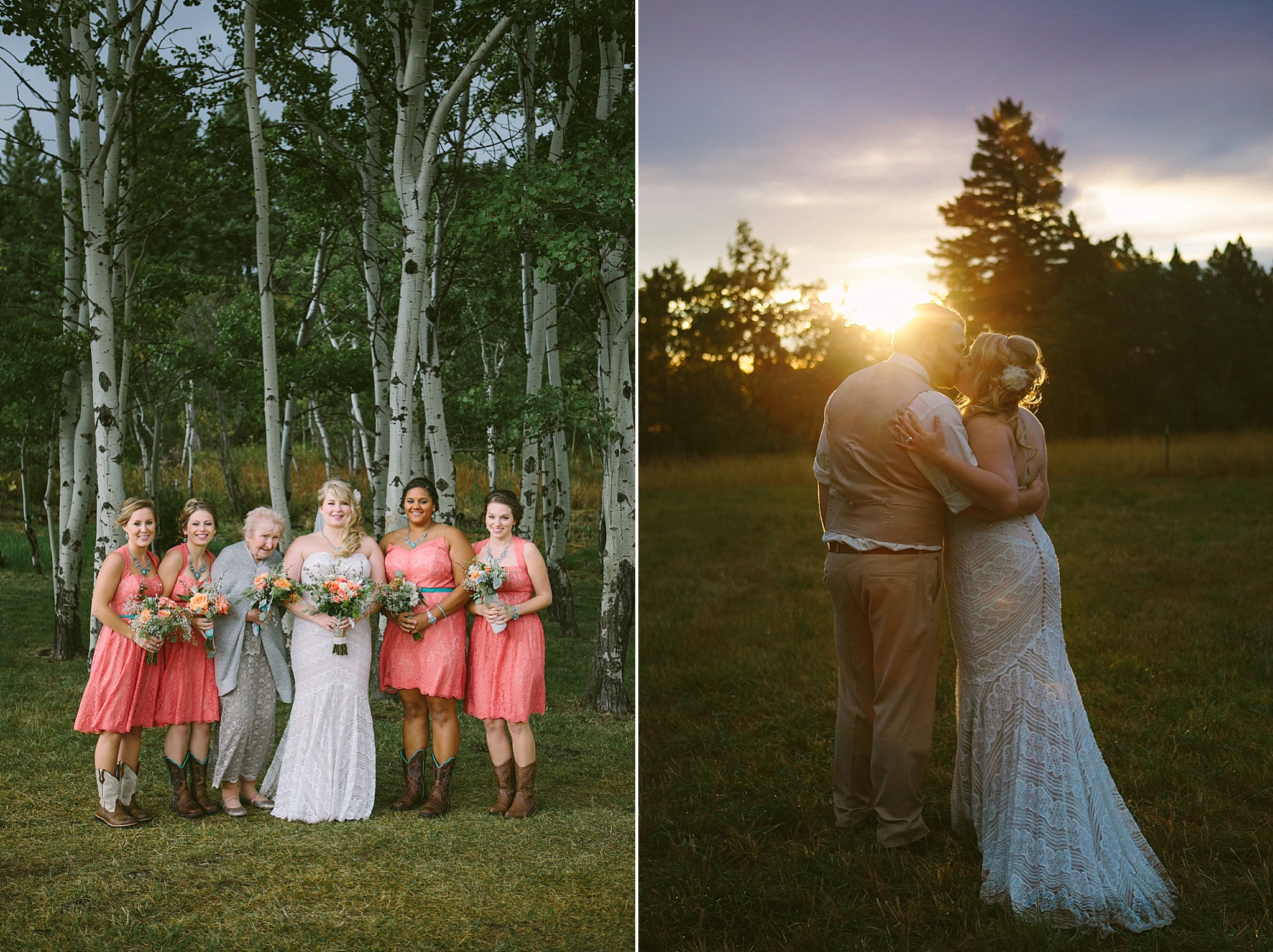 Arrowpeak Lodge Great Falls MT Wedding Photos Pink Bridesmaids and Bride and Groom Kissing at Sunset