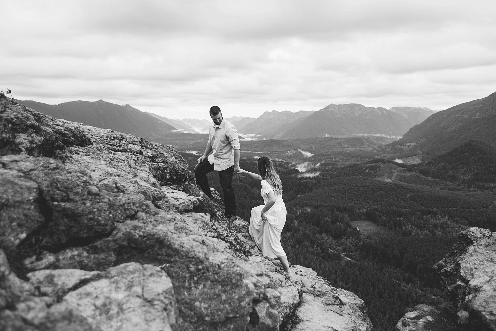 Rattlesnake Ridge Ledge Seattle WA Engagement Photos Bride and Groom Hiking