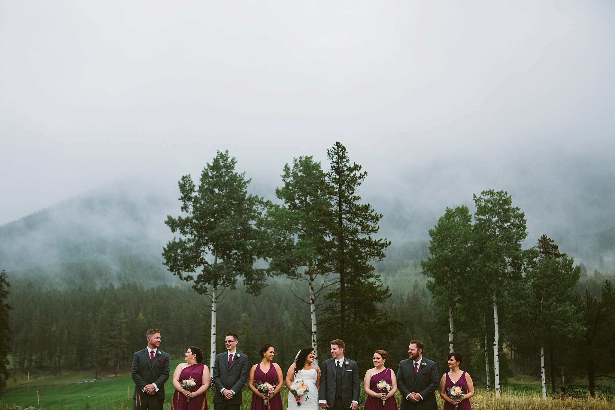 Silvertip Resort Canmore AB Burgundy and Grey Bridal Party Rainy Day