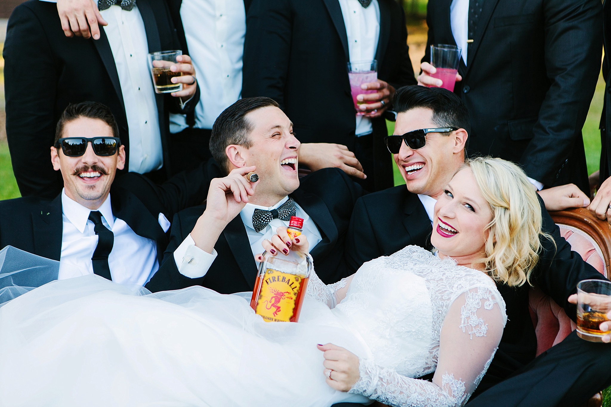 Missoula MT Backyard Wedding Photos Bride and Groom Laughing with Friends