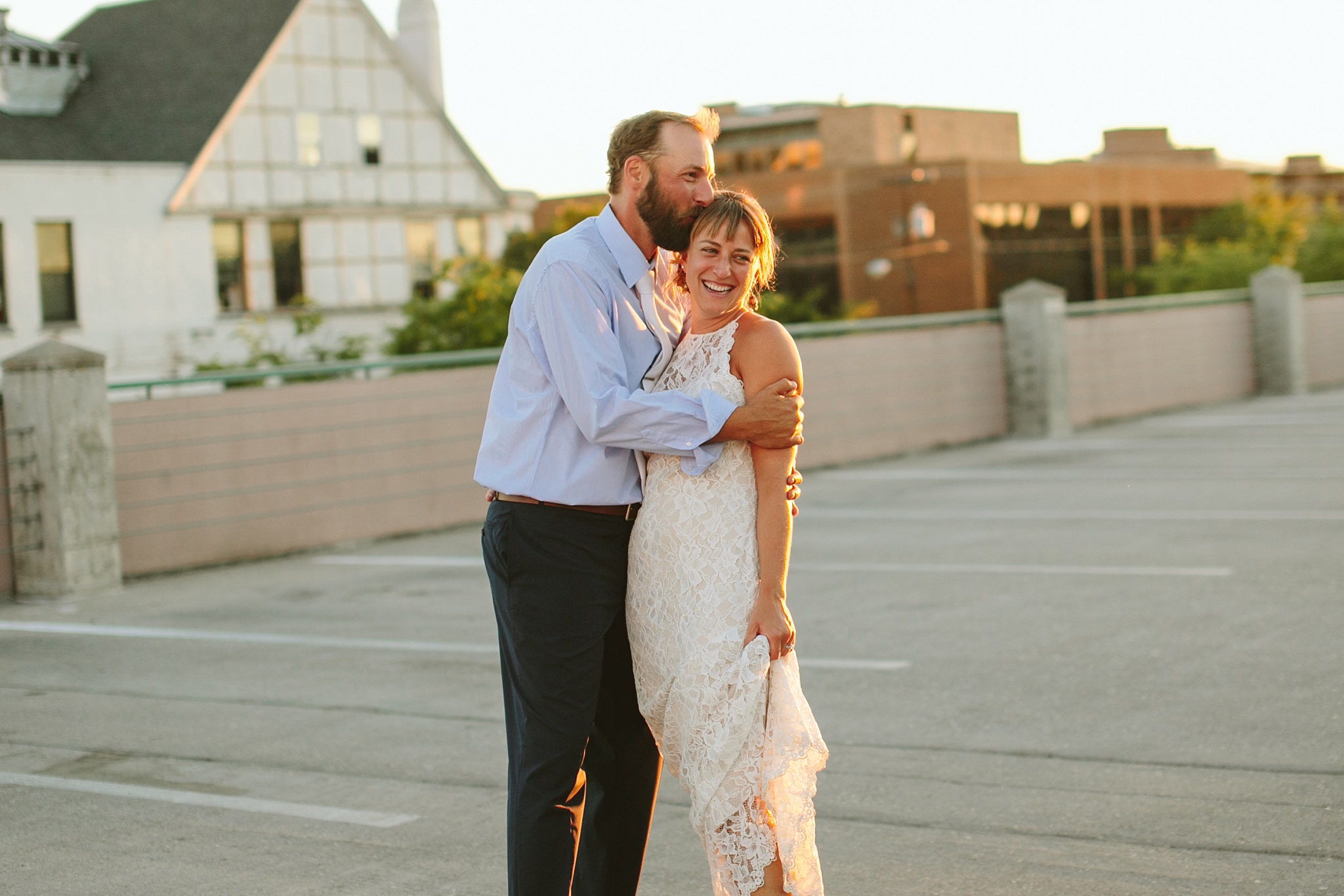 Missoula MT Downtown Wedding Photo Couple Laughing at Sunset
