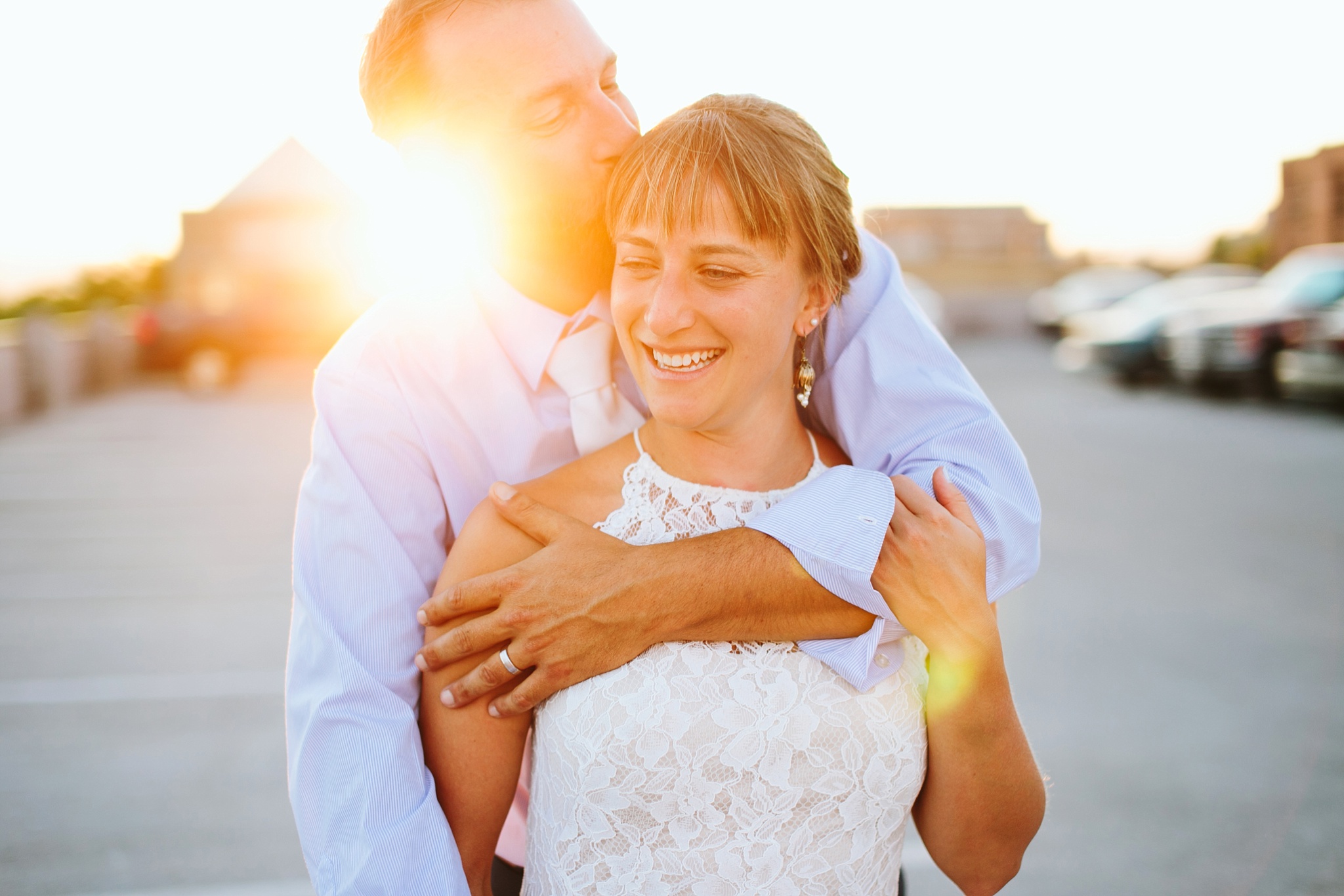 Missoula MT Downtown Wedding Photo Couple Hugging at Sunset
