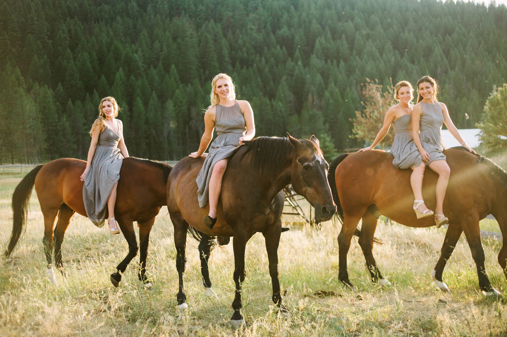 Missoula MT Summer Backyard Wedding Photos Bridesmaids riding Horses