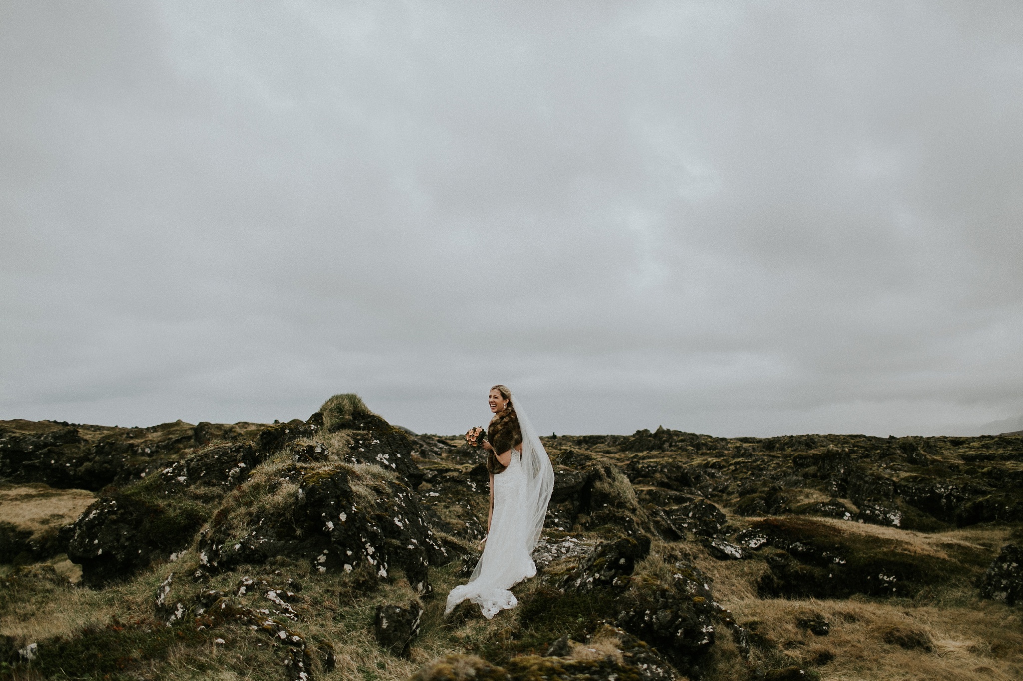 Iceland Elopement Photos Bride in Lava Fields of Budir