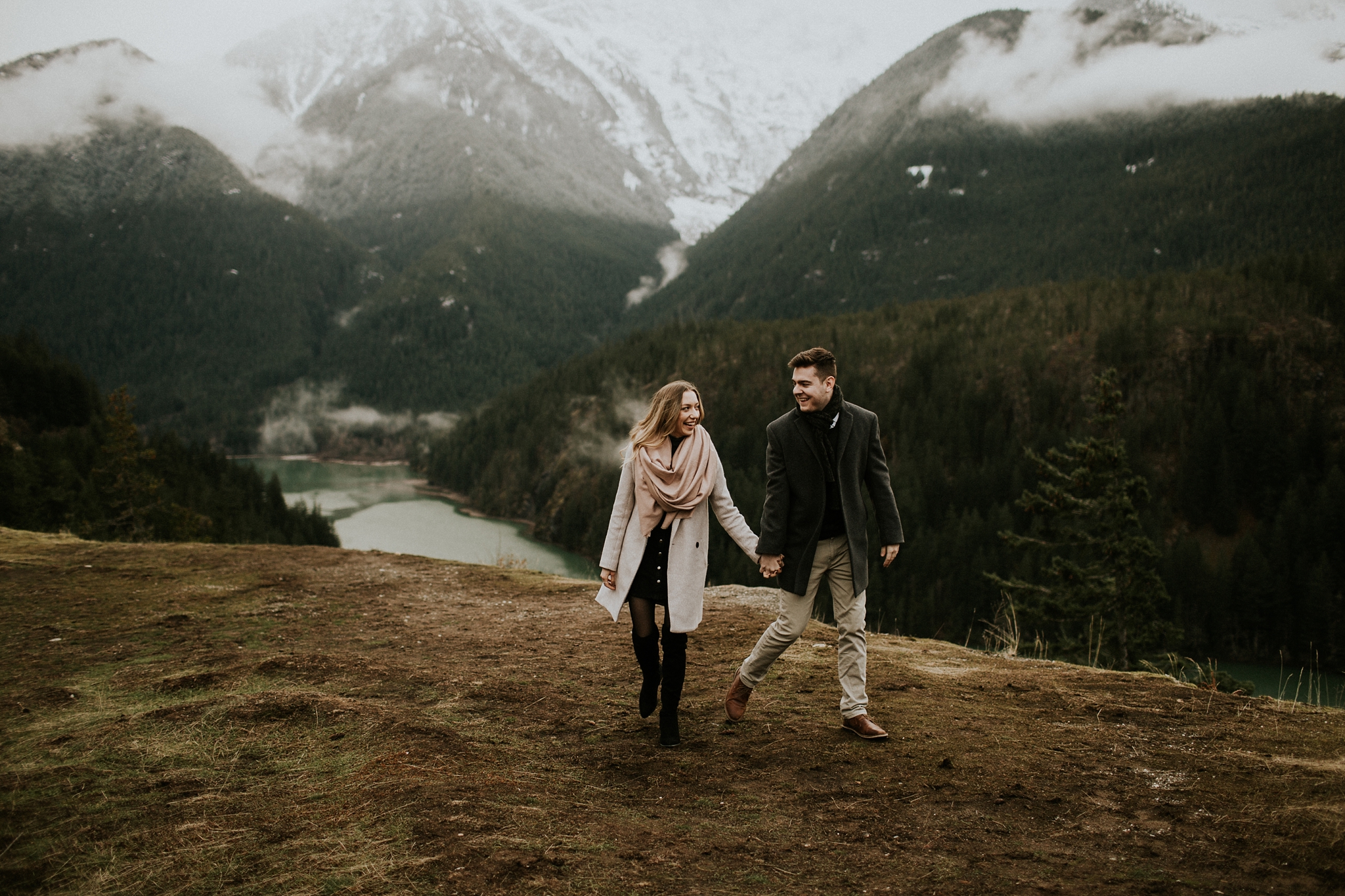 Diablo Lake Seattle WA Cascade Mountains Engagement Photos Couple Holding Hands