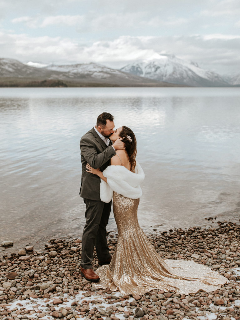 Winter elopement in Glacier National Park along Lake McDonald