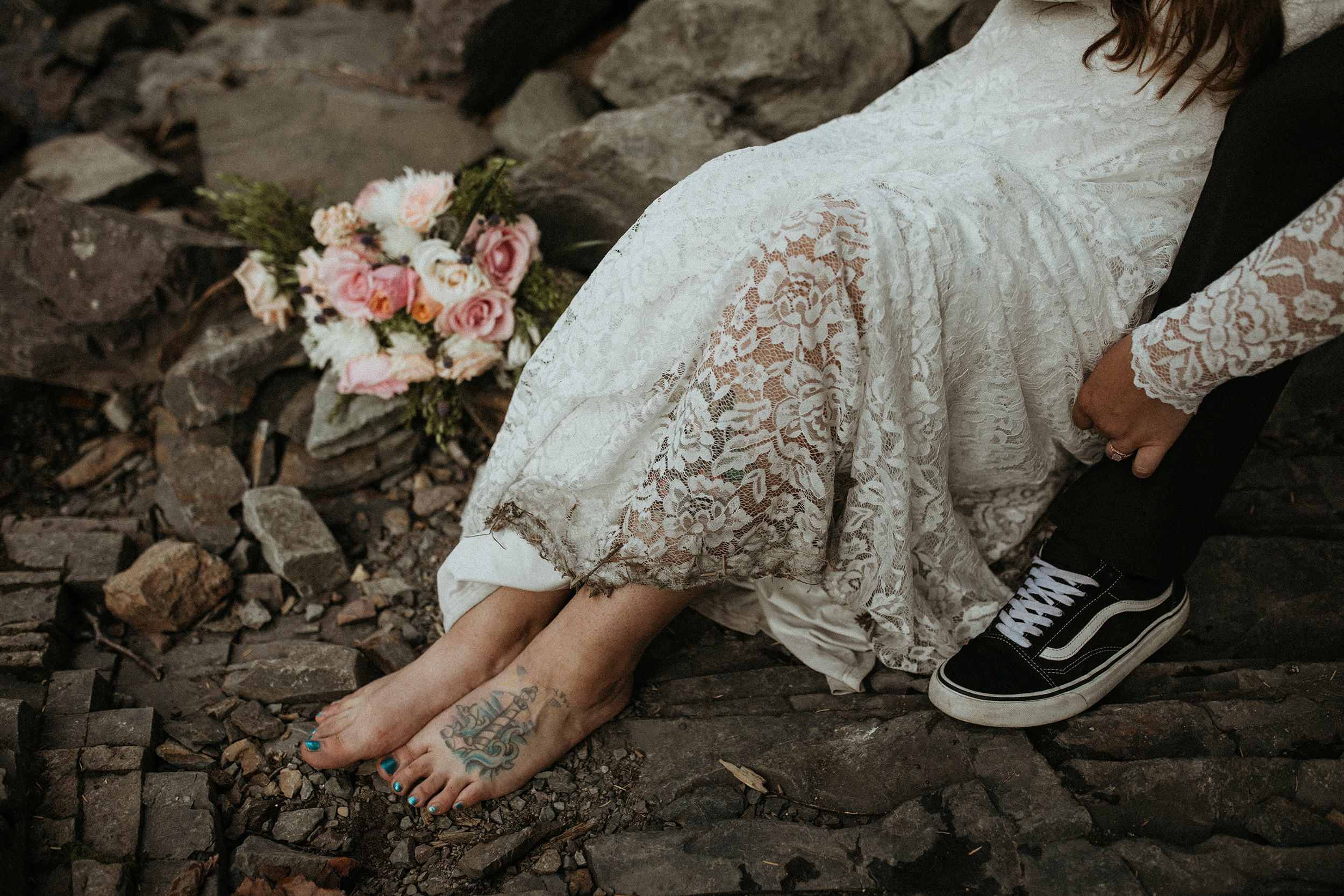edgy sentimental adventure elopement by a waterfall in the mountains